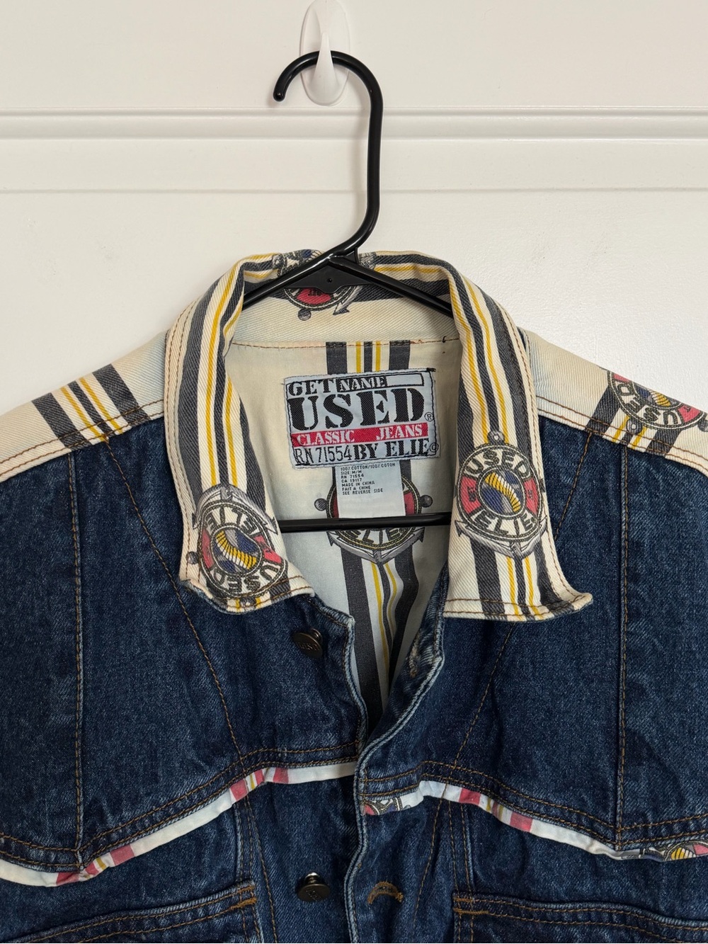 Vintage Get Used By Elie Jean Denim Jacket Bomber Lined Patches Unique Medium